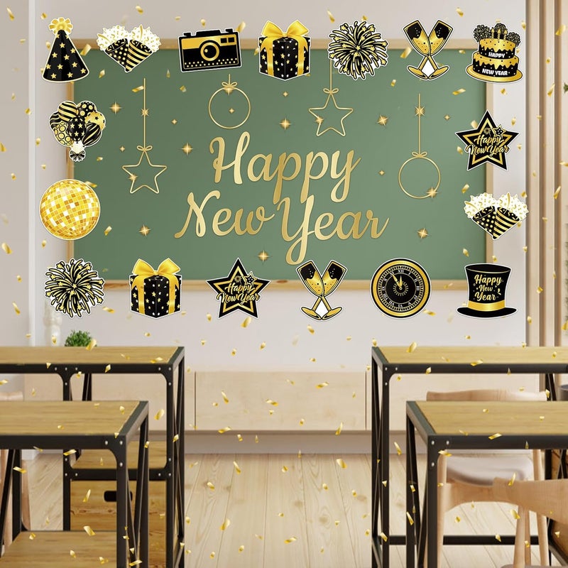 Machomby 48Pcs New Year Paper Cutouts, Black Gold New Years Eve Cut Outs Bulletin Board Decor for Home Office Classroom Chalkboard Window Wall Door New Years Eve Party Decorations 2026 - Image 3